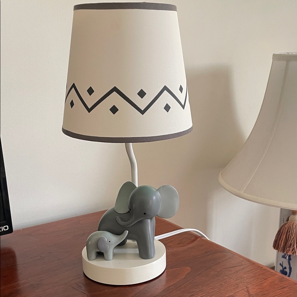Gray Elephant Table Lamp with White Patterned Shade. Perfect for nursery. 14”